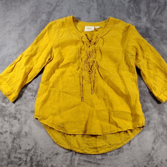 Maeve By Anthropologie Womens Mustard Yellow Marva Lace Up Linen Blouse Size 2 - Picture 1 of 8
